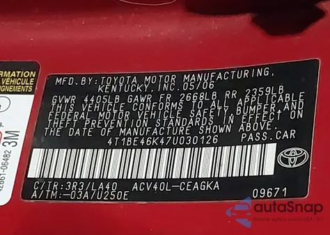 2007 Toyota Camry Xle z USA, uszkodzony, nr VIN 4T1BE46K47U030126